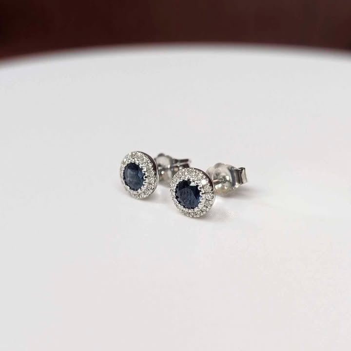 Blue Sapphire Stud Earrings with Diamond Frame in 14k White Gold - Q&T Jewelry