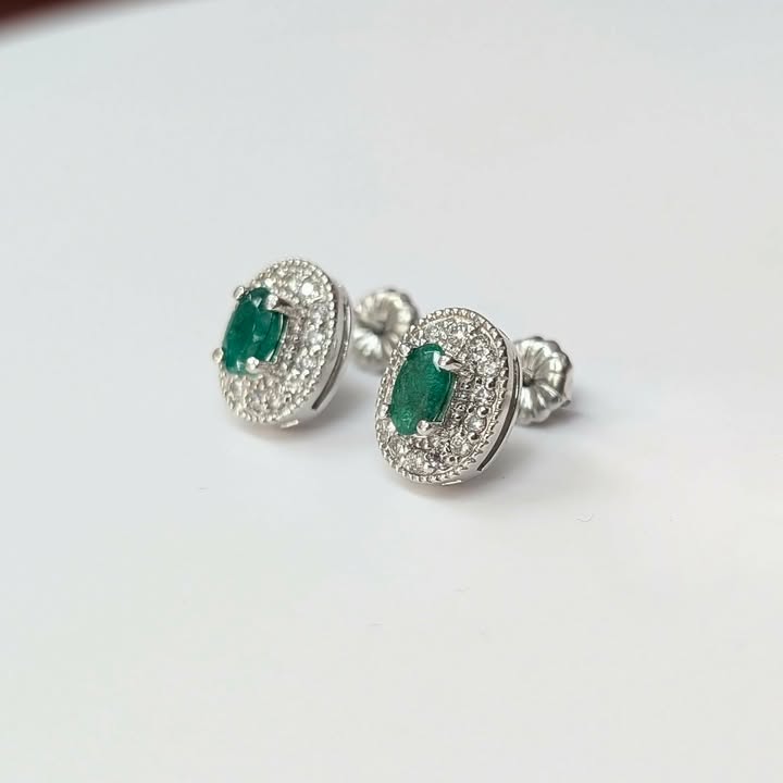 Oval-cut Emerald Stud Earrings with Diamond Frame in 14k White Gold - Q&T Jewelry