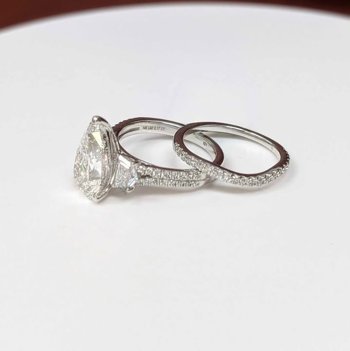 5.17 CT.T.W Pear-cut Three Stone Lab Grown Diamond Bridal Set in 14k White Gold - Q&T Jewelry
