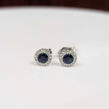 Blue Sapphire Stud Earrings with Diamond Frame in 14k White Gold - Q&T Jewelry