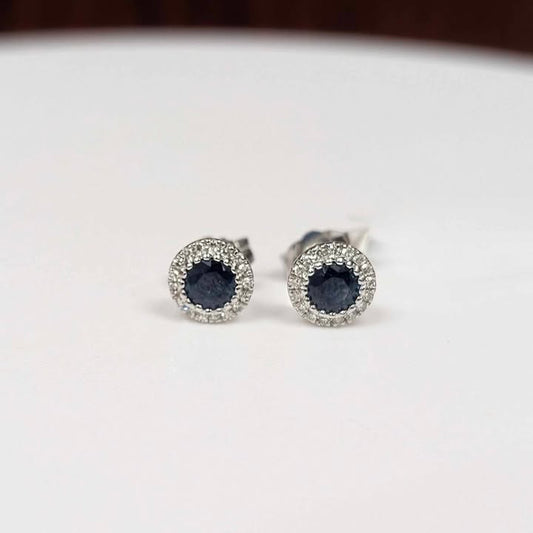 Blue Sapphire Stud Earrings with Diamond Frame in 14k White Gold
