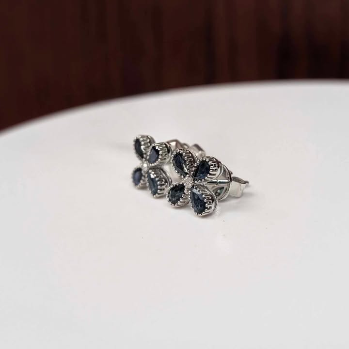 1.57 CT.T.W Blue Sapphire with Diamond Accent Flower Stud Earrings in 14k White Gold - Q&T Jewelry