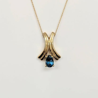 Art Deco Flared Pear-cut London Blue Topaz or Blue Sapphire Necklace in 14k Gold