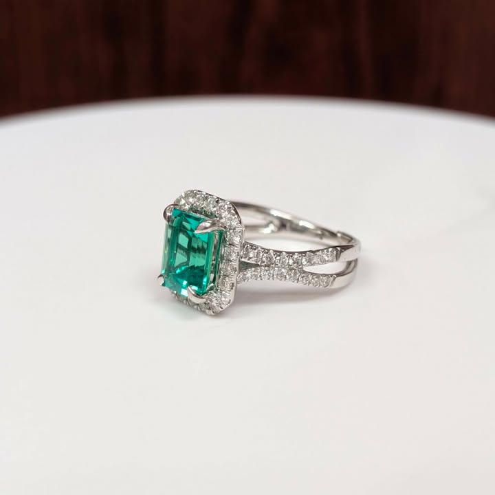 2.35 CT Emerald-cut Emerald Ring on 1.00 CT.T.W Diamond Frame with Claw Prongs  in 14k White Gold - Q&T Jewelry