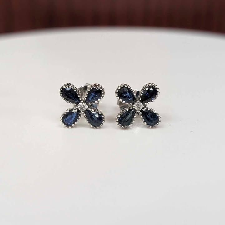 1.57 CT.T.W Blue Sapphire with Diamond Accent Flower Stud Earrings in 14k White Gold - Q&T Jewelry