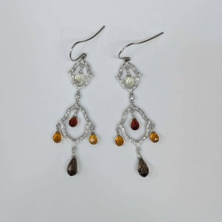 Diamond, Citrine, & Smoky Quartz Dangle Earrings in 18k White Gold - Q&T Jewelry