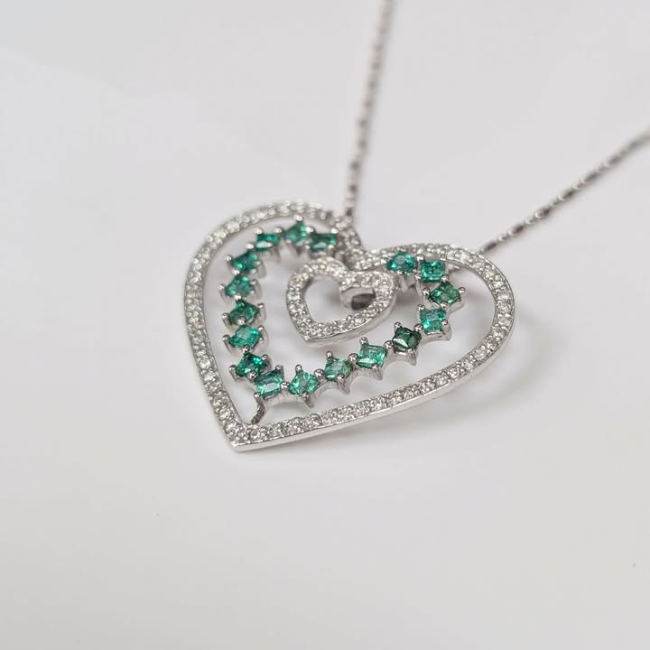 Emerald & Diamond Heart Pedant Necklace in 14k White Gold - Q&T Jewelry