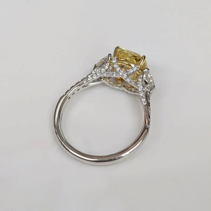 2.37 CT Elongated Cushion-cut Yellow Lab Grown Diamond Ring with Trillian-cut Side Lab Grown Diamonds & Hidden Halo in 14k White Gold - Q&T Jewelry