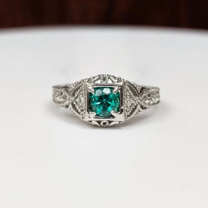 Emerald & Diamond Accented Milgrain Engraved Ring in 14k White Gold - Q&T Jewelry