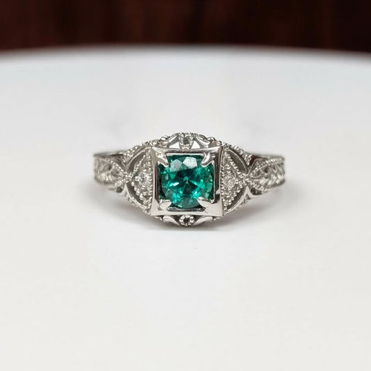 Emerald & Diamond Accented Milgrain Engraved Ring in 14k White Gold - Q&T Jewelry