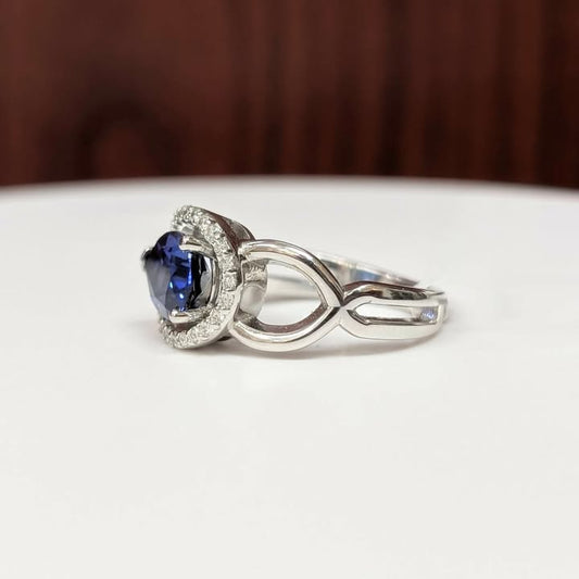 East West Set Pear-cut Blue Sapphire Ring with Sweeping Diamond Frame in 14k White Gold - Q&T Jewelry