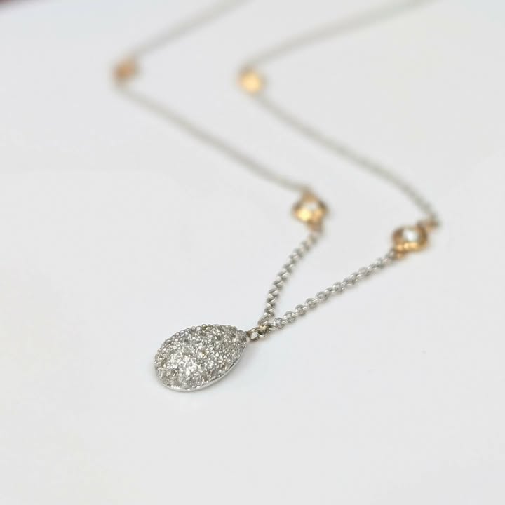 Pave Diamond Drop Station Necklace in 14k Two Tone Gold