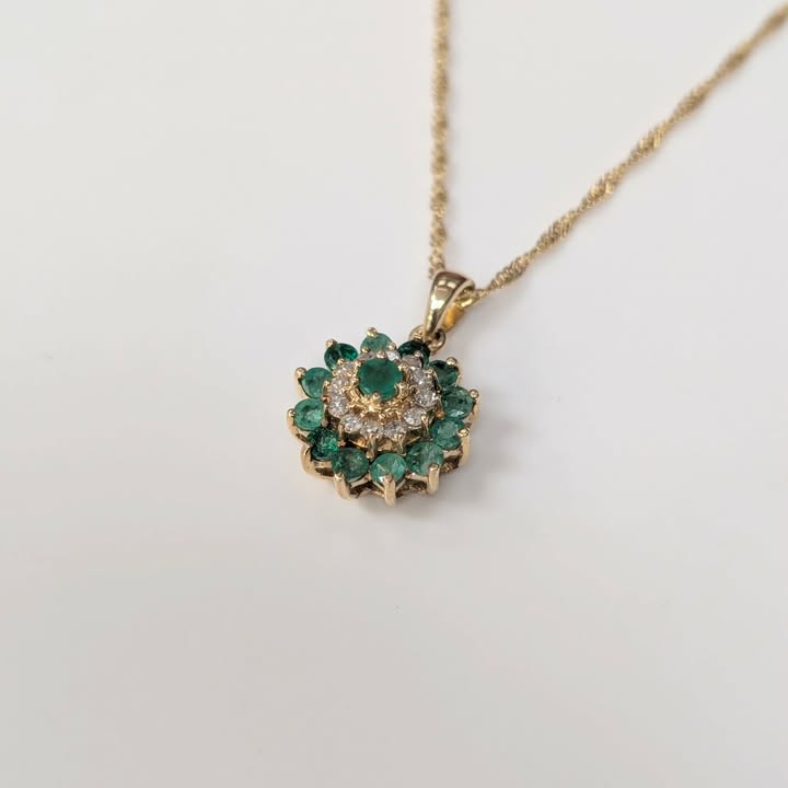 Emerald and Diamond Flower Burst Necklace in 14k Gold - Q&T Jewelry