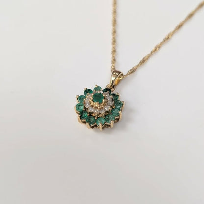 Emerald and Diamond Flower Burst Necklace in 14k Gold - Q&T Jewelry