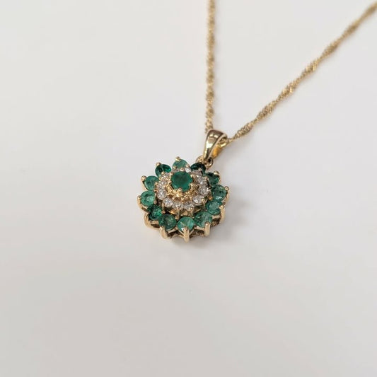 Emerald and Diamond Flower Burst Necklace in 14k Gold - Q&T Jewelry