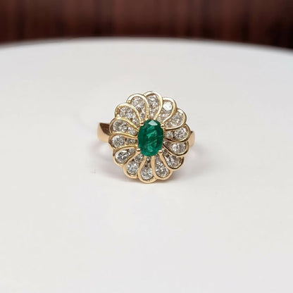 Oval Emerald and Diamond Framed Ring in 14k Yellow Gold - Q&T Jewelry