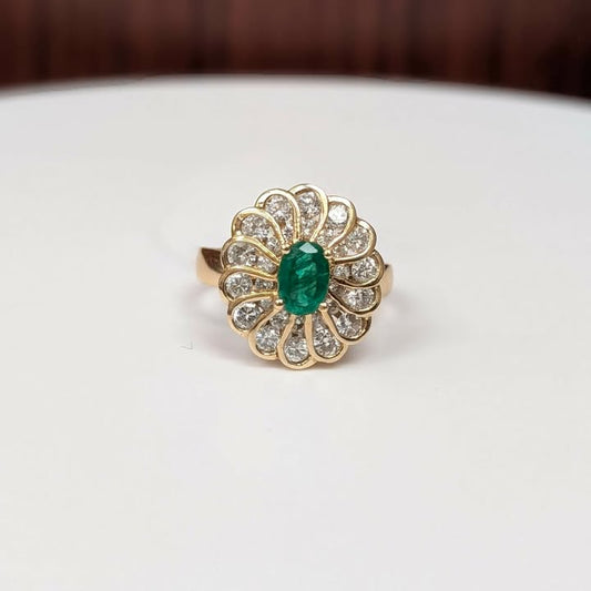 Oval Emerald and Diamond Framed Ring in 14k Yellow Gold - Q&T Jewelry