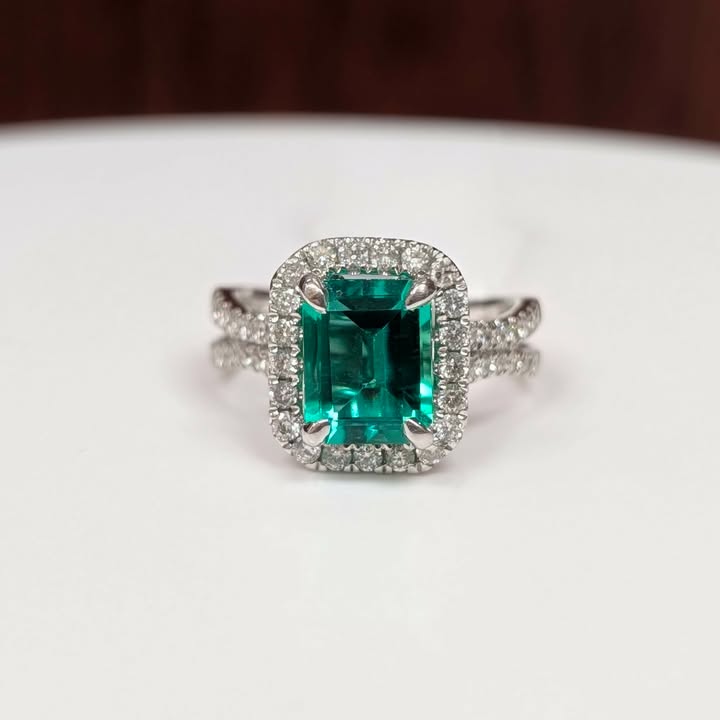 2.35 CT Emerald-cut Emerald Ring on 1.00 CT.T.W Diamond Frame with Claw Prongs  in 14k White Gold - Q&T Jewelry