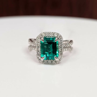 2.35 CT Emerald-cut Emerald Ring on 1.00 CT.T.W Diamond Frame with Claw Prongs  in 14k White Gold - Q&T Jewelry