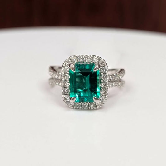 2.35 CT Emerald-cut Emerald Ring on 1.00 CT.T.W Diamond Frame with Claw Prongs  in 14k White Gold - Q&T Jewelry