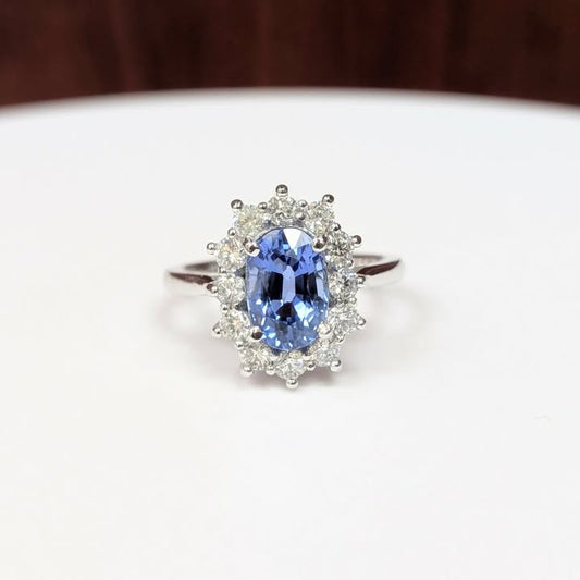 2.95 CT Oval-cut Ceylon Sapphire with 0.90 CTTW Diamond Burst Frame in 14k White Gold