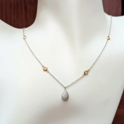 Pave Diamond Drop Station Necklace in 14k Two Tone Gold