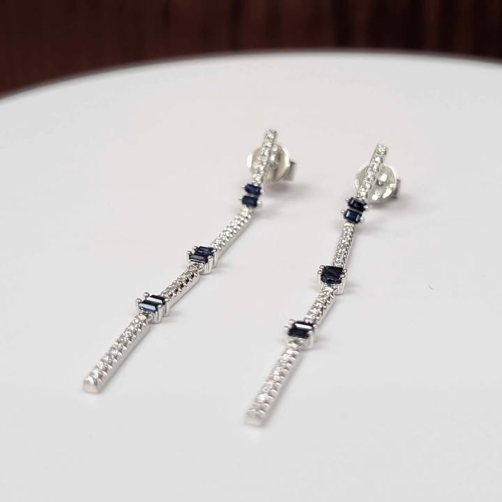 Blue Sapphire & Diamond Dangle Earrings in 14k White Gold - Q&T Jewelry