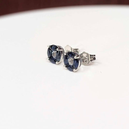 Blue Topaz & White Topaz Stud Earrings in 14k White Gold