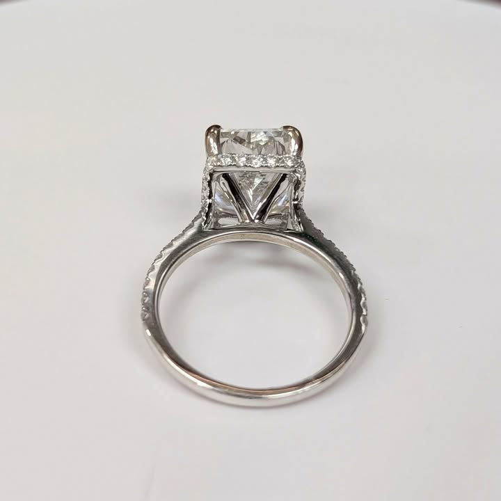 5.02 CT Radiant-cut Lab Grown Diamond Engagement Ring on Natural Diamond Band with Hidden Halo in 18k White Gold