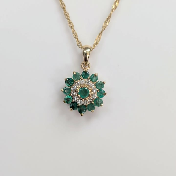 Emerald and Diamond Flower Burst Necklace in 14k Gold - Q&T Jewelry