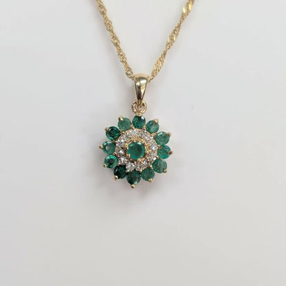 Emerald and Diamond Flower Burst Necklace in 14k Gold - Q&T Jewelry