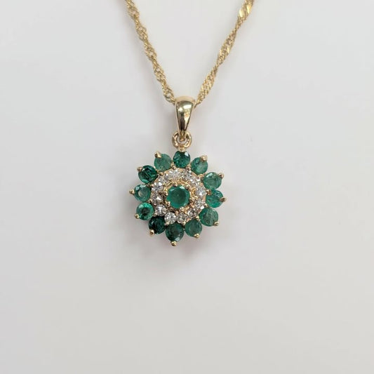 Emerald and Diamond Flower Burst Necklace in 14k Gold - Q&T Jewelry