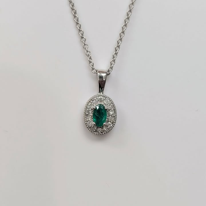 Oval-cut Emerald with Diamond Frame Pendant Necklace in 14k White Gold - Q&T Jewelry