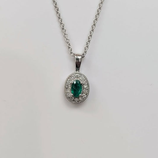 Oval-cut Emerald with Diamond Frame Pendant Necklace in 14k White Gold - Q&T Jewelry