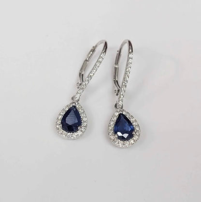 Pear-cut Blue Sapphire & Diamond Framed Dangle Earrings in 14k White Gold - Q&T Jewelry