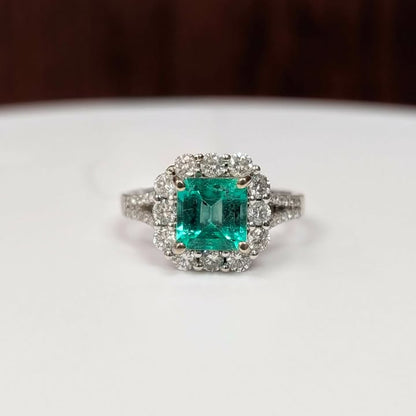 Asscher-cut Emerald Ring with 1.20 CT.T.W Diamond Frame & Split Shank on 14k White Gold - Q&T Jewelry