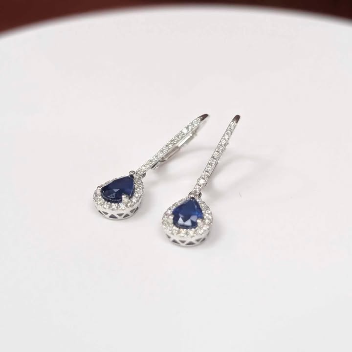 Pear-cut Blue Sapphire & Diamond Framed Dangle Earrings in 14k White Gold - Q&T Jewelry
