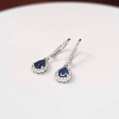 Pear-cut Blue Sapphire & Diamond Framed Dangle Earrings in 14k White Gold - Q&T Jewelry