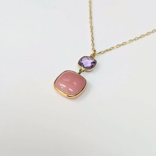 Amethyst & Rose Quartz Necklace in 14k Yellow Gold