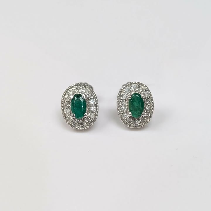 Oval-cut Emerald Stud Earrings with Diamond Frame in 14k White Gold - Q&T Jewelry