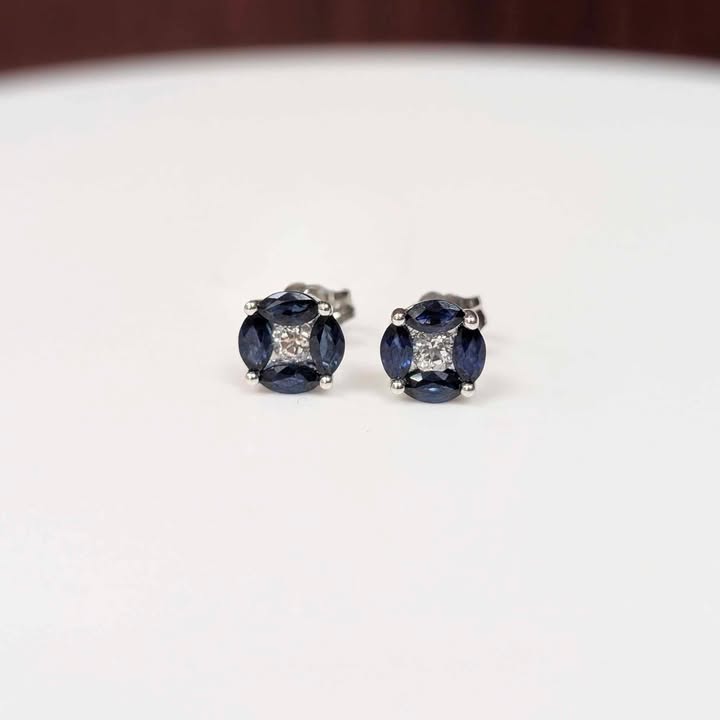Blue Topaz & White Topaz Stud Earrings in 14k White Gold - Q&T Jewelry