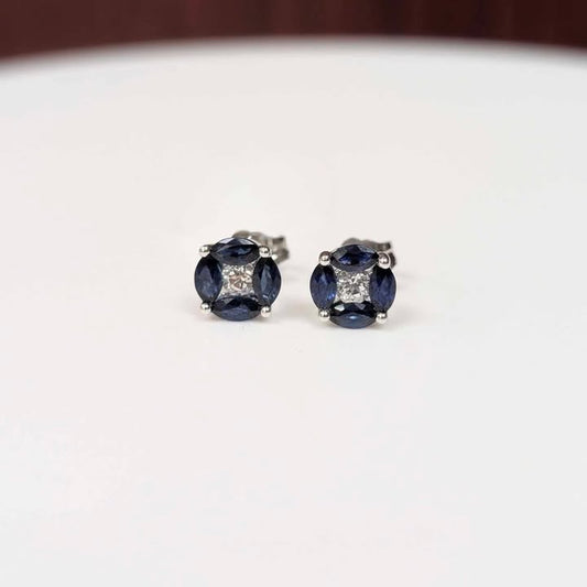 Blue Topaz & White Topaz Stud Earrings in 14k White Gold
