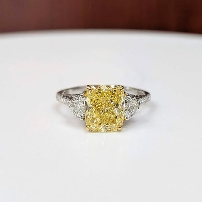 2.37 CT Elongated Cushion-cut Yellow Lab Grown Diamond Ring with Trillian-cut Side Lab Grown Diamonds & Hidden Halo in 14k White Gold - Q&T Jewelry