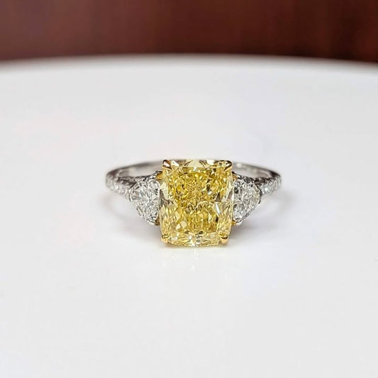 2.37 CT Elongated Cushion-cut Yellow Lab Grown Diamond Ring with Trillian-cut Side Lab Grown Diamonds & Hidden Halo in 14k White Gold - Q&T Jewelry