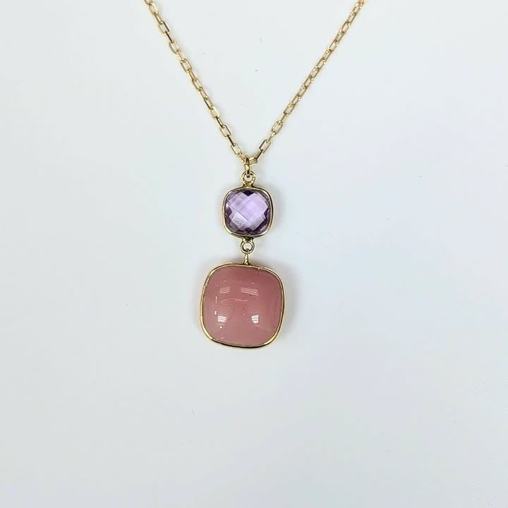 Amethyst & Rose Quartz Necklace in 14k Yellow Gold