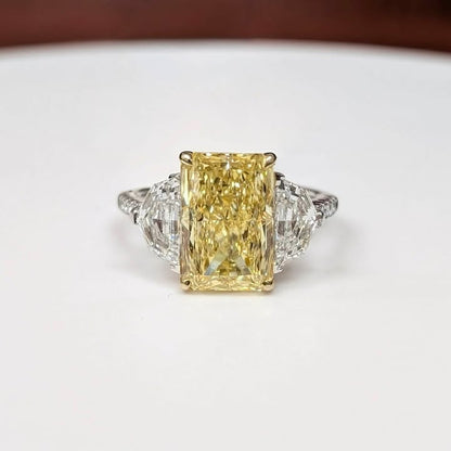 5.65 CT Radiant-cut Yellow Lab Grown Diamond Ring with Trapezoid-cut Side Lab Grown Diamonds & Hidden Halo in 14k White Gold