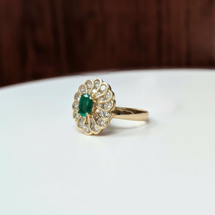 Oval Emerald and Diamond Framed Ring in 14k Yellow Gold - Q&T Jewelry