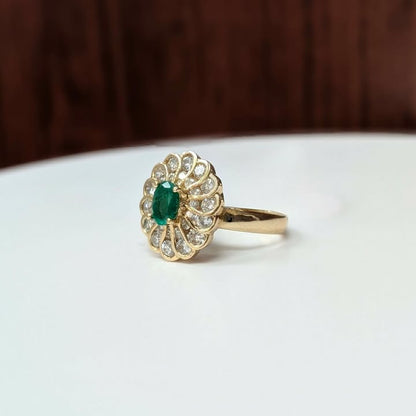 Oval Emerald and Diamond Framed Ring in 14k Yellow Gold - Q&T Jewelry
