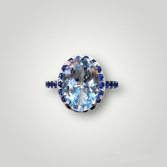 Aquamarine with Sapphire Halo Ring - Q&T Jewelry