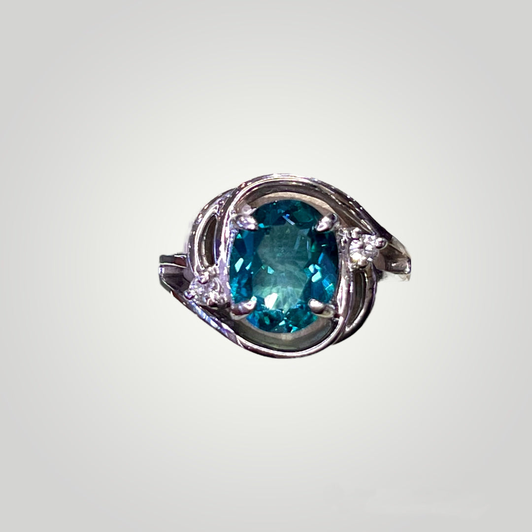 Blue Zircon and Diamond White Gold Ring